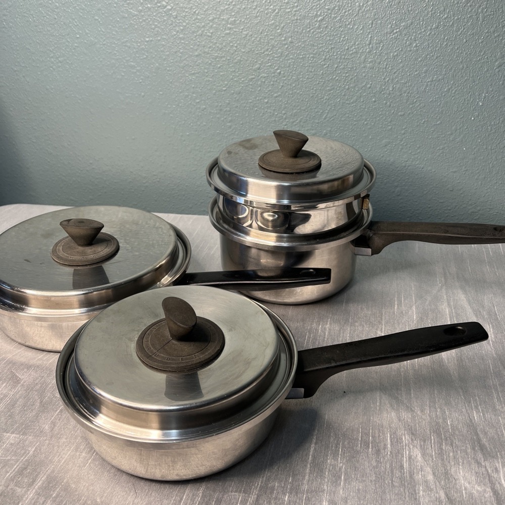 7pc Prudential Ware Tri-Clad Stainless Pans Skillet Double Boiler / Steamer Lids